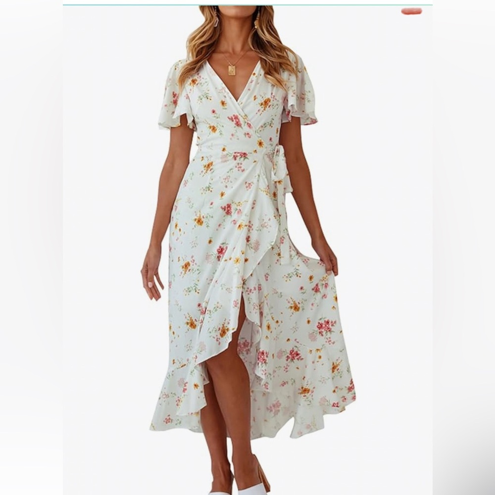 White Floral Midi Wrap Sundress with Flutter Sleeves